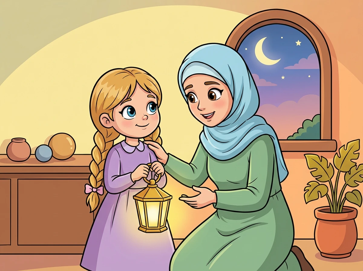 « Cette lumière nous rappelle, » disait doucement sa mère, « qu'Allah aime la lumière, et Il aime les bonnes actions qui brillent. » Amina aimait beaucoup cette lanterne.