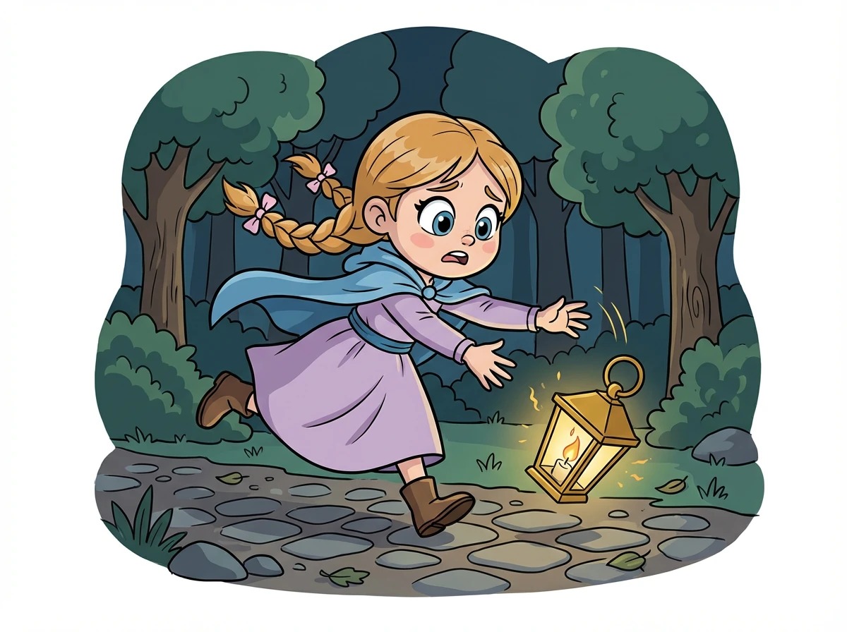 Soudain, Amina trébucha et la lanterne qu'elle portait tomba ! La petite flamme vacilla dangereusement, menaçant de s'éteindre.