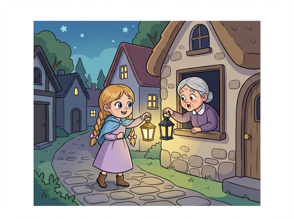 En arrivant au village, Amina remarqua que plusieurs maisons étaient plongées dans l'obscurité. Elle décida de partager la lumière de sa lanterne avec ses voisins.