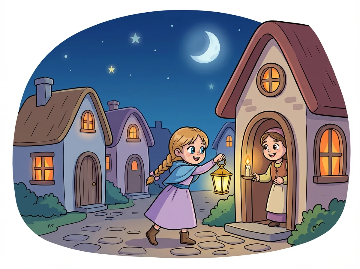 Amina alla de maison en maison, partageant la flamme de sa lanterne. Bientôt, tout le village brillait de petites lumières chaleureuses, chassant l'obscurité et remplissant les cœurs d'espoir et de joie.