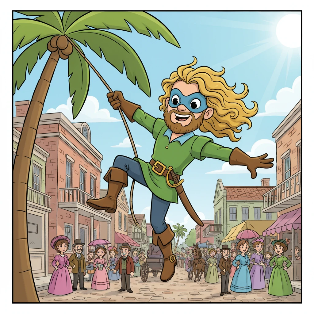 The sun shone brightly over 1880s Tampa, Florida, as Captain Coral, with his sky-blue mask and dashing kelly-green outfit, swung gracefully from a tall palm tree. His blonde hair and brown beard flowed in the breeze as he landed with a playful flourish on a bustling street, a cheerful grin beneath his mask.