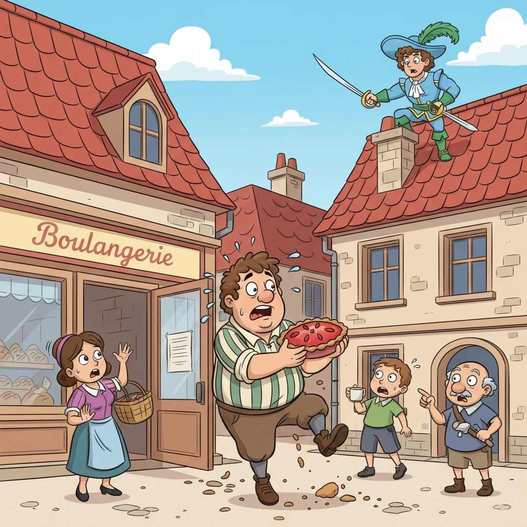 Suddenly, a clumsy shoplifter, eyes wide with panic, burst out of a bakery, clutching a comically oversized strawberry pie. He stumbled past startled townsfolk, leaving a trail of crumbs, as Captain Coral spotted the commotion from his perch.