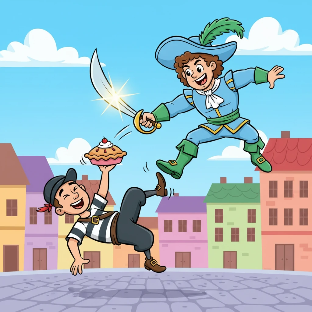 With a mighty leap and a cheerful yell, Captain Coral swooped down, his sword glinting in the sunlight. He engaged the thief in a ridiculously exaggerated 'sword fight,' using his blade not to harm, but to playfully parry the pie, tickle the thief's ribs, and expertly trip him with a gentle tap.