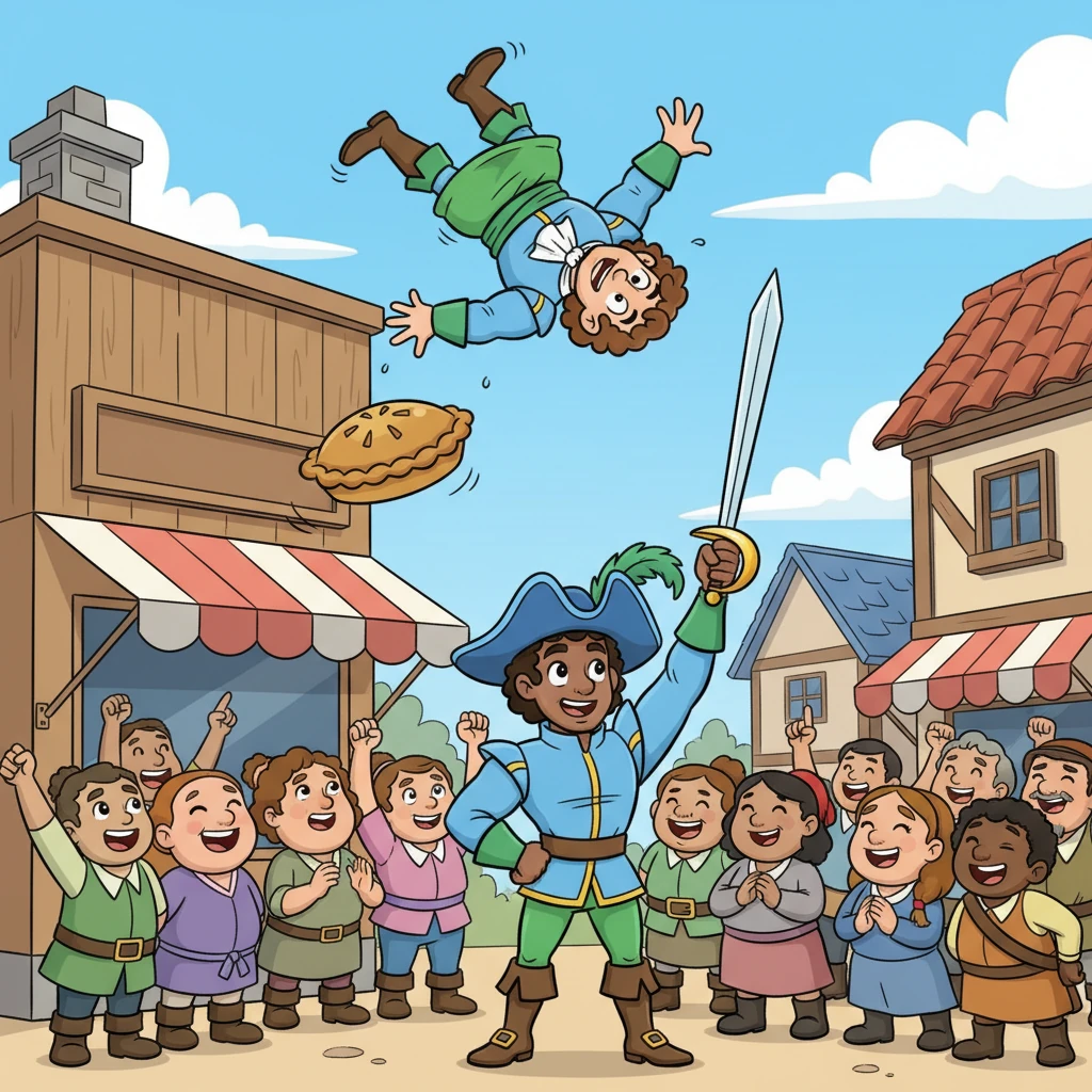 The shoplifter tumbled head over heels in a heap, dropping the pie safely onto a soft awning below, completely unharmed but thoroughly bewildered. Captain Coral struck a dramatic, heroic pose, his sword pointed skyward, as the crowd erupted in cheers and laughter at the silly spectacle.