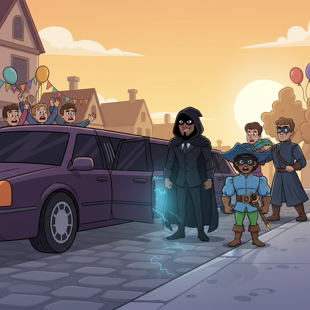 Just as the merriment peaked, an unsettling quiet descended upon the street. A long, dark limousine glided to a halt, and from within emerged Billionaire Theodore, his face shadowed by a hood, flanked by the hulking, masked 'A' and the cunning, smaller 'B.' A palpable chill filled the air.