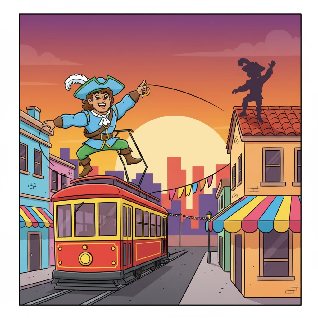 With a final, playful wink, Captain Coral gracefully leaped onto a passing trolley, then swung onto a nearby rooftop, his silhouette briefly highlighted against the setting sun. He waved goodbye as he disappeared into the colorful Tampa skyline, ready for whatever adventure tomorrow might bring.