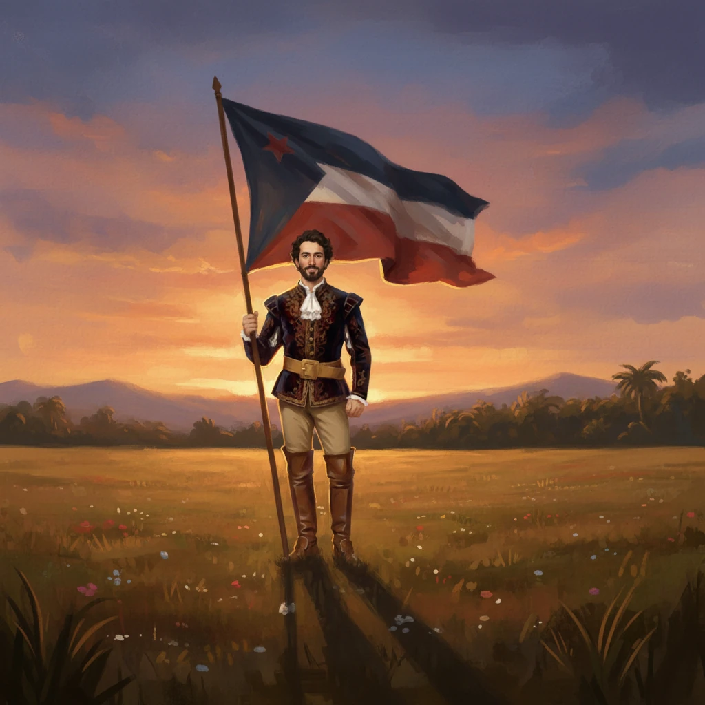 El sol de la tarde proyecta largas sombras sobre los campos tranquilos de Centroamérica. Sin embargo, una oscuridad diferente se cierne, la de William Walker, un aventurero que ha tomado el control de Nicaragua. Su figura se recorta ominosa contra el cielo crepuscular, portando una bandera ajena.