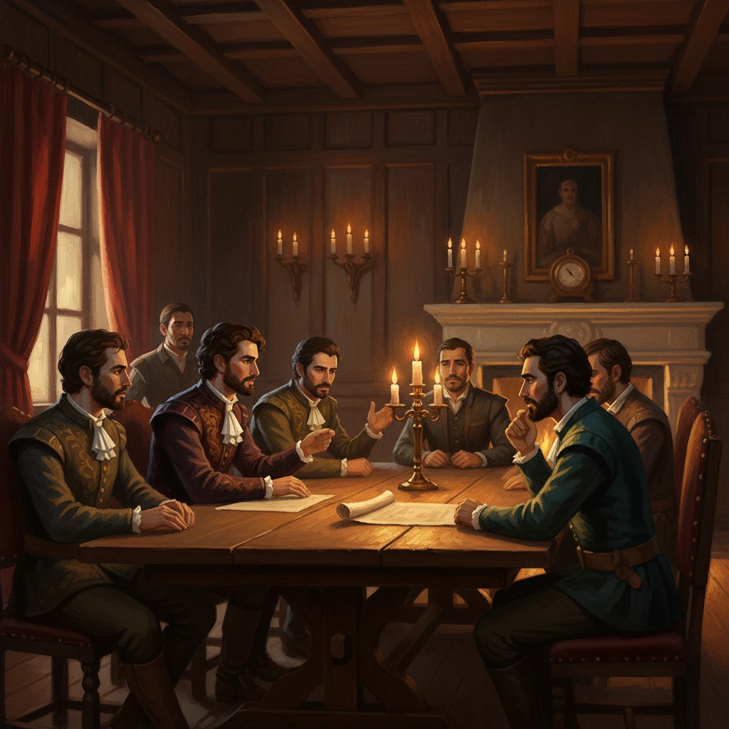 En una sala con paredes de madera oscura, líderes centroamericanos se reúnen bajo la luz parpadeante de las velas. Sus rostros reflejan preocupación mientras discuten la amenaza creciente de Walker y sus filibusteros. Sus miradas se encuentran, sellando un pacto silencioso de resistencia y unidad.