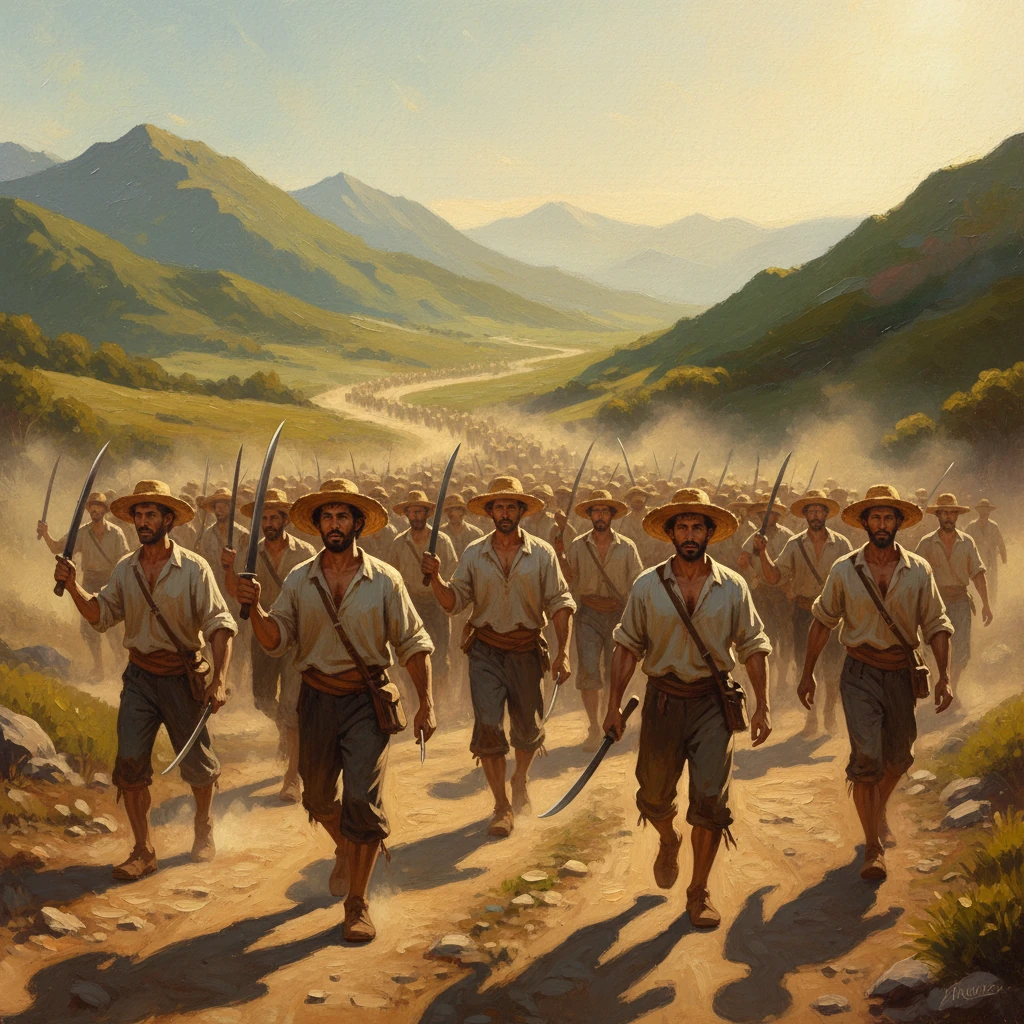 Cientos de hombres como Mateo, con sombreros de paja y machetes convertidos en armas, marchan por caminos polvorientos. El sol de la mañana ilumina sus rostros llenos de esperanza y valor inquebrantable. El paisaje montañoso los acompaña en su viaje hacia lo desconocido, unidos por un mismo propósito.