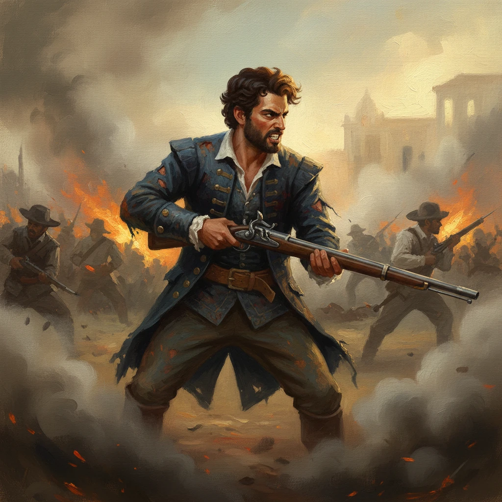 En la Hacienda Santa Rosa, el fragor de la batalla resuena con furia. Mateo, con el uniforme improvisado, lucha con coraje inmenso entre el humo y el clamor de la contienda. Sus ojos, antes llenos de la paz del campo, ahora reflejan la feroz determinación de defender su tierra.