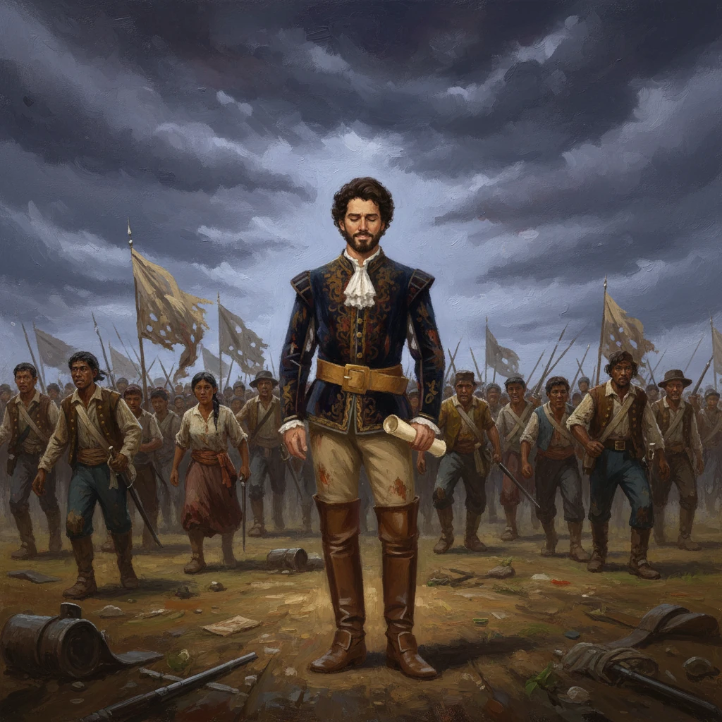 Las fuerzas centroamericanas, unidas y renovadas por la solidaridad, lanzan su asalto final con todo su poder. El rostro de William Walker, antes arrogante y desafiante, ahora muestra el amargo sabor de la derrota. Bajo un cielo tormentoso, el filibustero se rinde, su sueño de imperio deshecho.