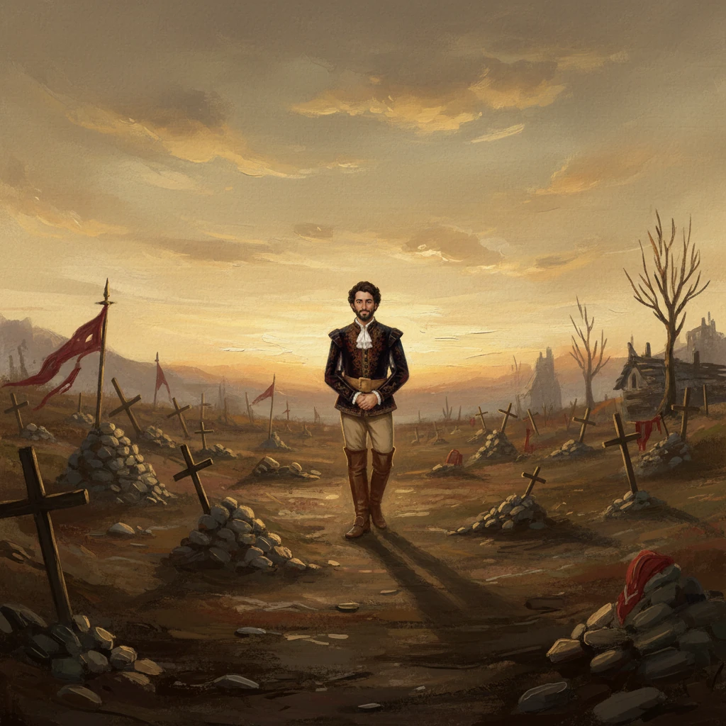 La guerra ha terminado, pero sus profundas cicatrices permanecen en la tierra y en el alma de la gente. Mateo camina entre las tumbas improvisadas, recordando a los caídos y el alto precio de la libertad. El silencio de la paz se mezcla con el luto por las vidas perdidas en la lucha.