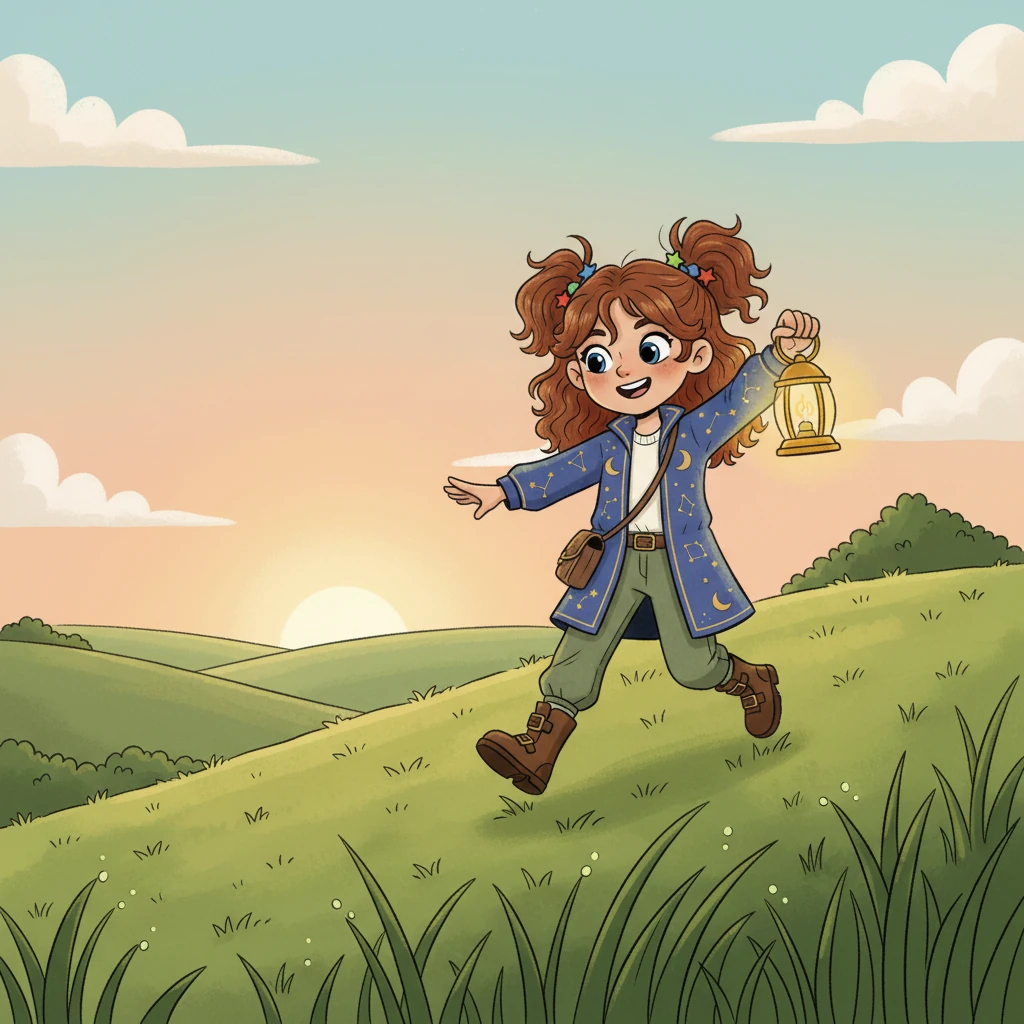 Odessa stood smiling, lantern held tight, Her heart full of wonder, her eyes shining bright. A path lay ahead—unknown, brand new, She laughed and stepped forward, brave through and through. A joyful young girl with brown hair and sapphire-blue eyes standing on a grassy hill at sunrise, holding a glowing golden lantern.