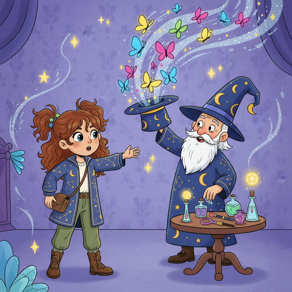 The Magician appeared, with a twinkle and gleam, Creating wonders, like a magical dream. "With focus and will, you can make things unfold, Your power is endless, braver than gold!" Odessa watching in awe as a friendly Magician in a pointy hat conjures colorful butterflies from a hat, surrounded by glowing magical tools.