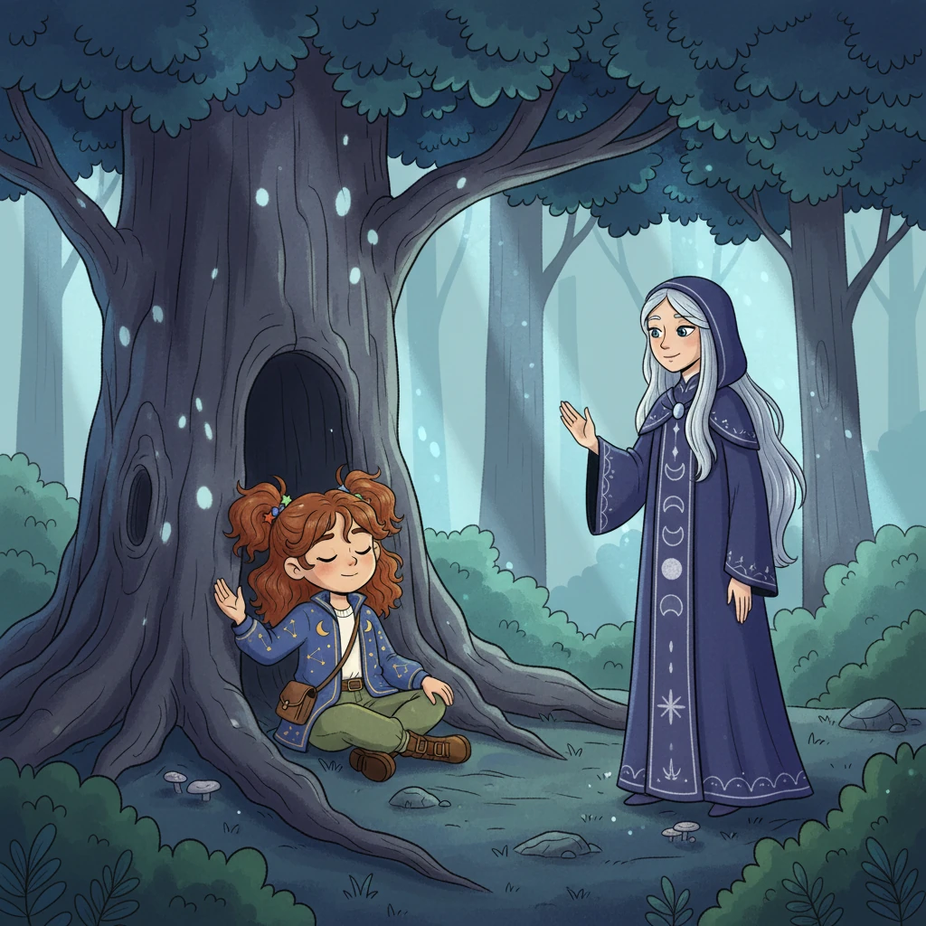 The High Priestess whispered, soft as a breeze, "Trust your inner voice, among rustling trees. Your secrets are safe, in shadows they hide, Let wisdom and quietness be your true guide." Odessa sits quietly in a moonlit forest, eyes closed, listening to a wise, serene High Priestess with flowing robes and a crescent moon headpiece.