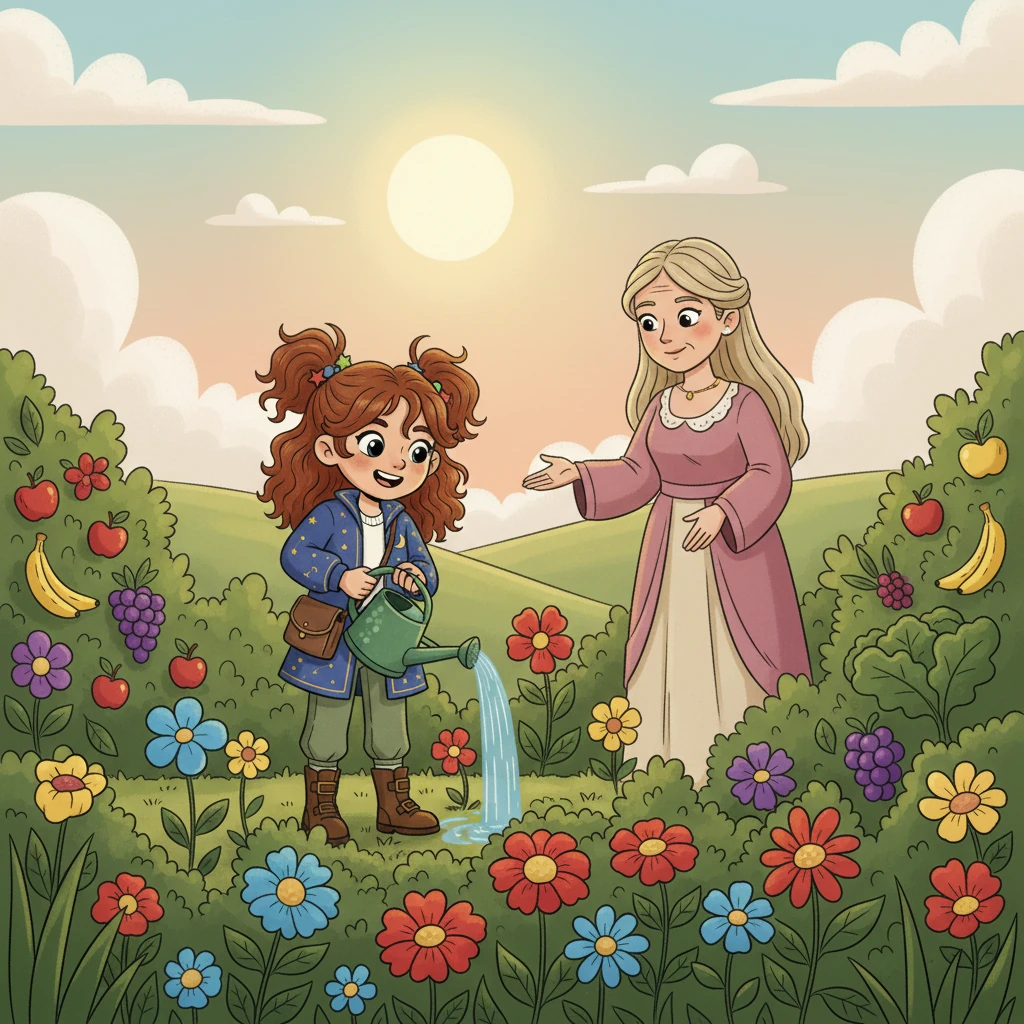 The Empress then showed, with a warm, gentle hand, How nature's abundance enriches the land. "Be kind to the earth, let beauty abound, Love grows all around us, from seed to the ground." Odessa happily watering a vibrant garden with a benevolent Empress figure, surrounded by lush flowers and fruits.