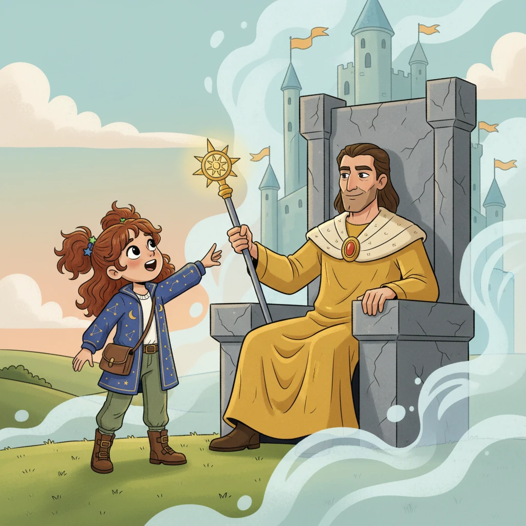 The Emperor stood tall, with a confident gaze, "Set rules and be strong, through all of your days. With structure and order, great things you can do, A leader you'll be, strong and true." Odessa looking up at a regal Emperor on a stone throne, holding a scepter, a castle in the background.