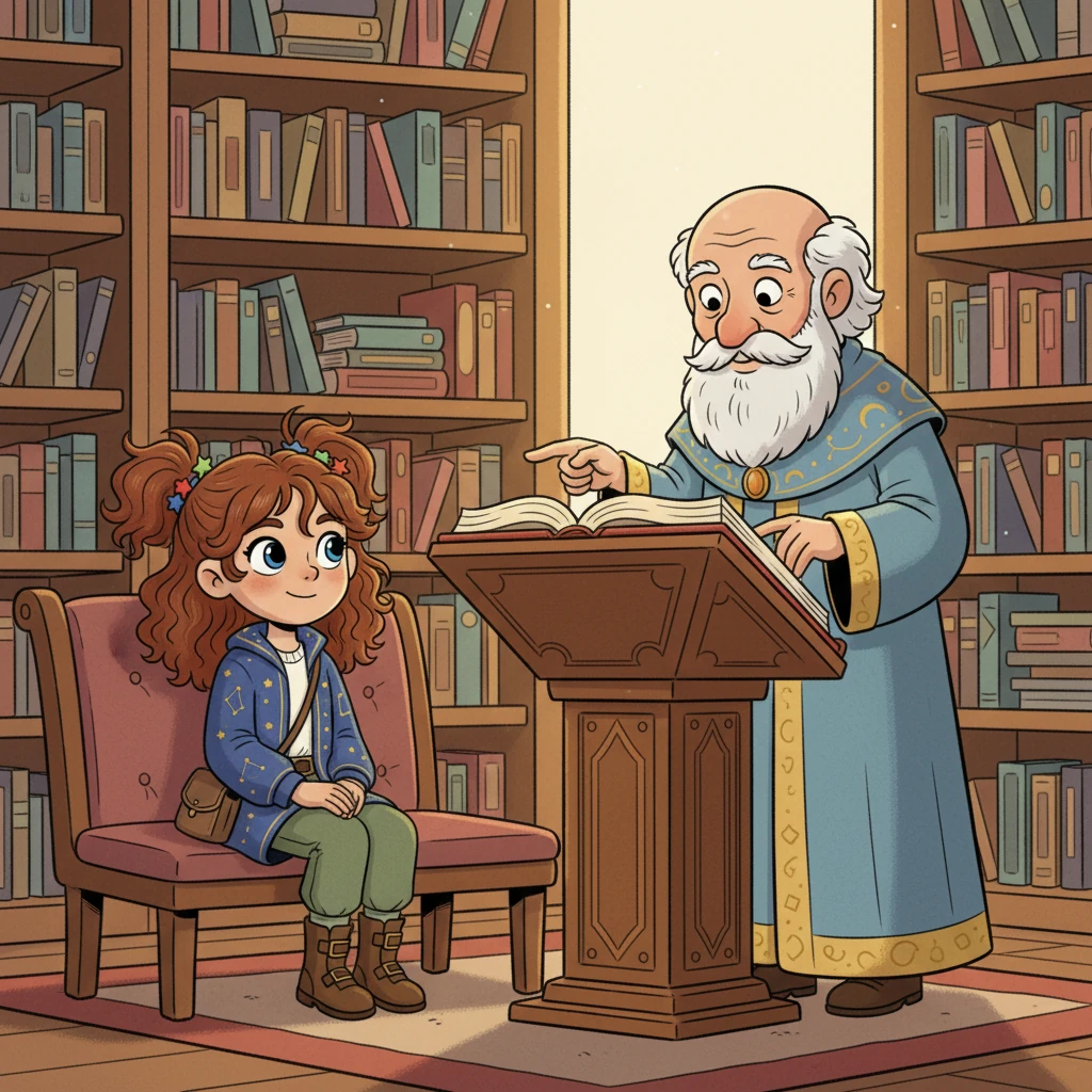 The Hierophant spoke, with a scholarly air, "Traditions and lessons, we're meant to share. Seek knowledge from others, from stories of old, Truths passed down through ages, more precious than gold." Odessa sitting on a cushioned bench, listening intently to a kind, robed Hierophant reading from a large, ancient book in a cozy library.