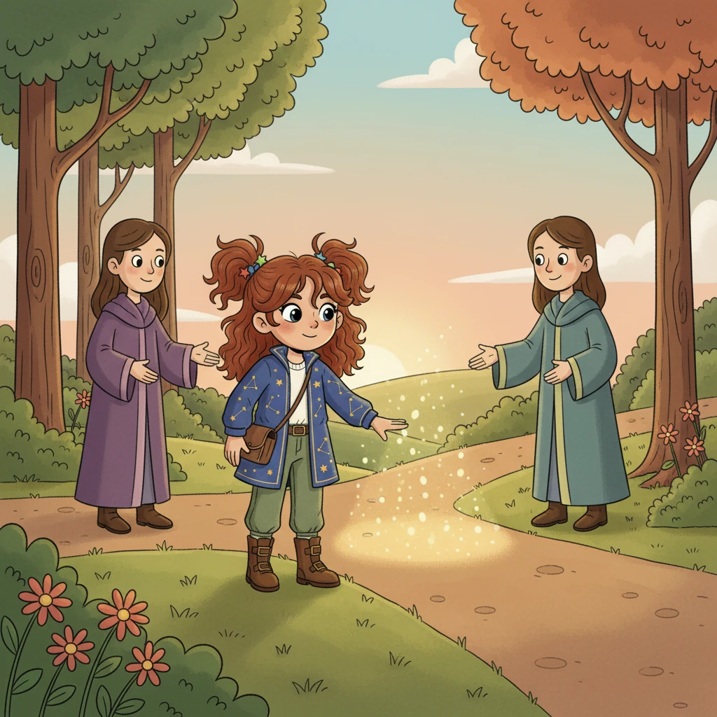 The Lovers appeared, with a choice to be made, "Listen to your heart, be not afraid. Choose what feels right, with love as your guide, For true happiness always, deep down inside." Odessa stands at a crossroads, looking at two paths, with two loving figures gently guiding her gaze towards one path, bathed in soft, warm light.