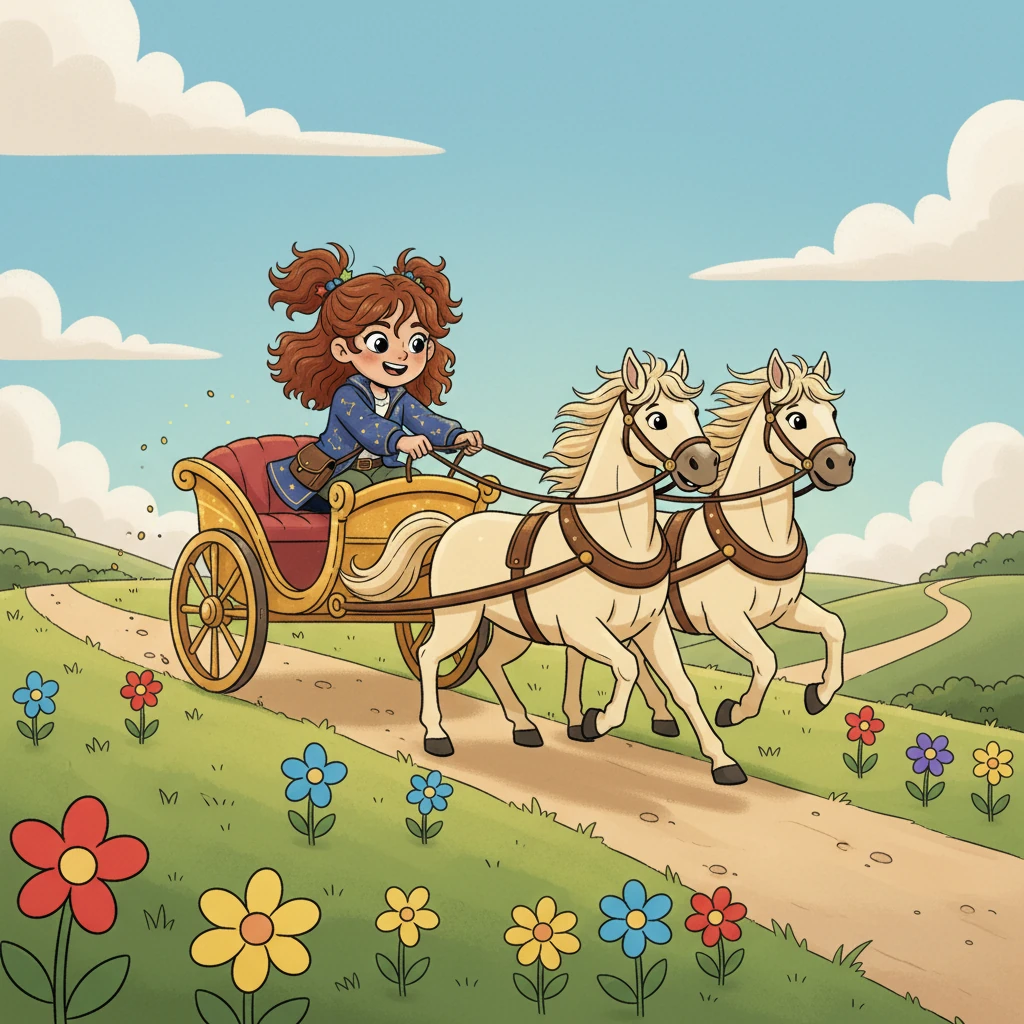 The Chariot sped forth, with courage and might, "Go after your dreams, with all of your light! Control your direction, with focus and drive, Success will be yours, truly alive!" Odessa confidently riding in a sparkling chariot, pulled by two friendly, galloping horses, across a vibrant landscape.