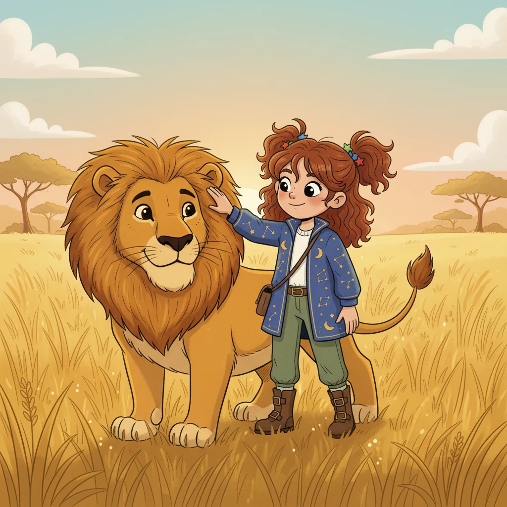 Strength showed her courage, a lion so grand, "Face fears with a smile, throughout the whole land. Your inner power's mighty, gentle yet strong, Believe in yourself, where you truly belong." Odessa gently petting a friendly, majestic lion, both smiling, in a sun-drenched savanna.