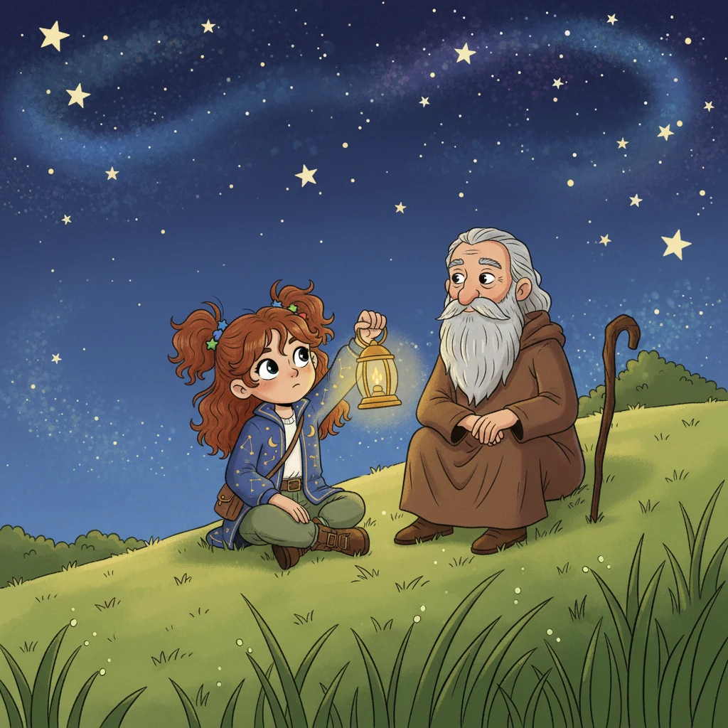 The Hermit held wisdom, a lamp in the night, "Reflect on your journey, with thoughtful insight. Take time to be quiet, and look deep within, New wisdom awaits, where new paths begin." Odessa sits peacefully beside a kind Hermit holding a glowing lantern, looking up at a star-filled night sky, reflecting on her adventure.