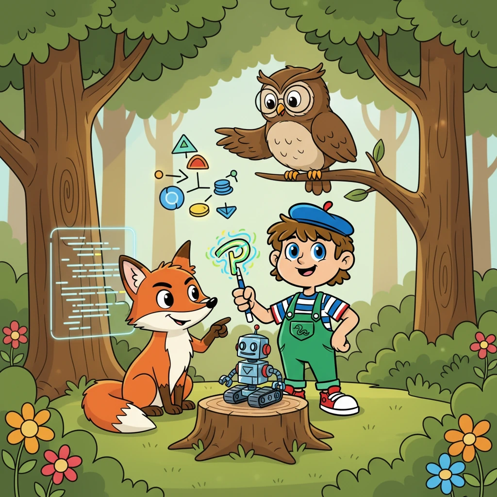 Pyth rencontra d'autres créatures de la forêt : un renard rusé qui l'aida avec les algorithmes, un hibou qui lui expliqua la structure des données. Ensemble, ils explorèrent des projets plus complexes, comme la création d'un petit robot.