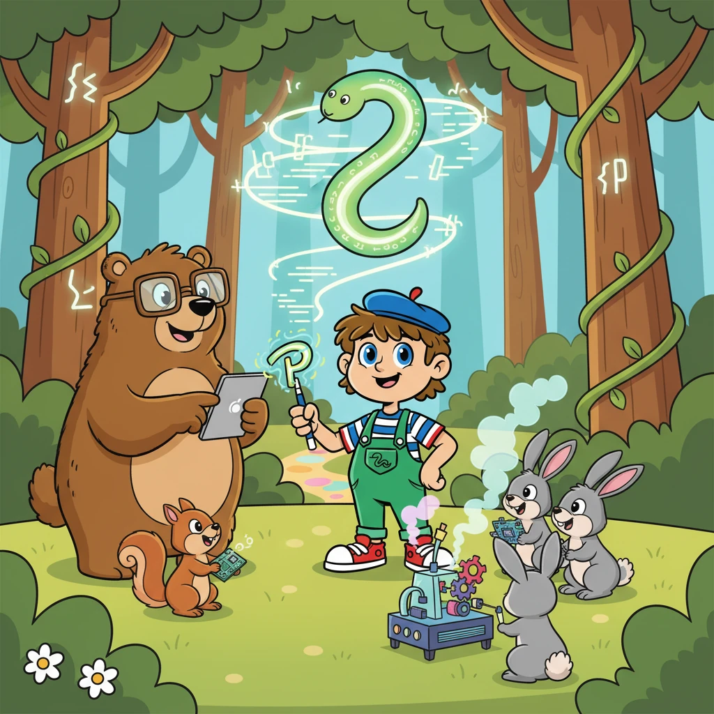 Finalement, Pyth devint un expert Python. Il utilisait ses compétences pour aider ses amis et résoudre les problèmes de la forêt. Il comprit que le voyage était aussi important que la destination et que l'apprentissage ne s'arrêtait jamais.