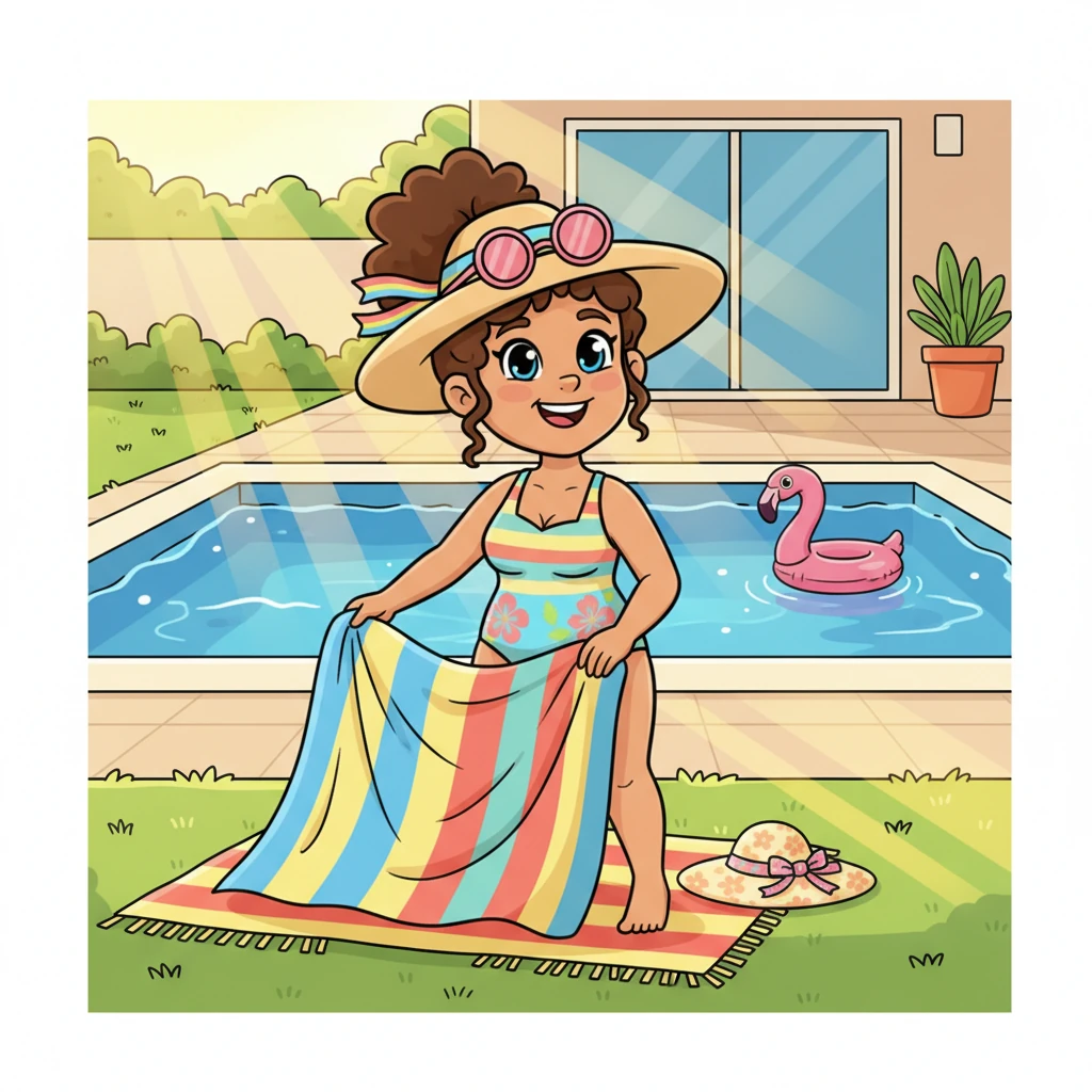 The morning sun painted golden stripes across Brenda's backyard. She hummed a happy tune, carefully setting out her brightest striped towel and a big, floppy sun hat. The sparkling blue pool shimmered invitingly, promising a day of perfect relaxation.