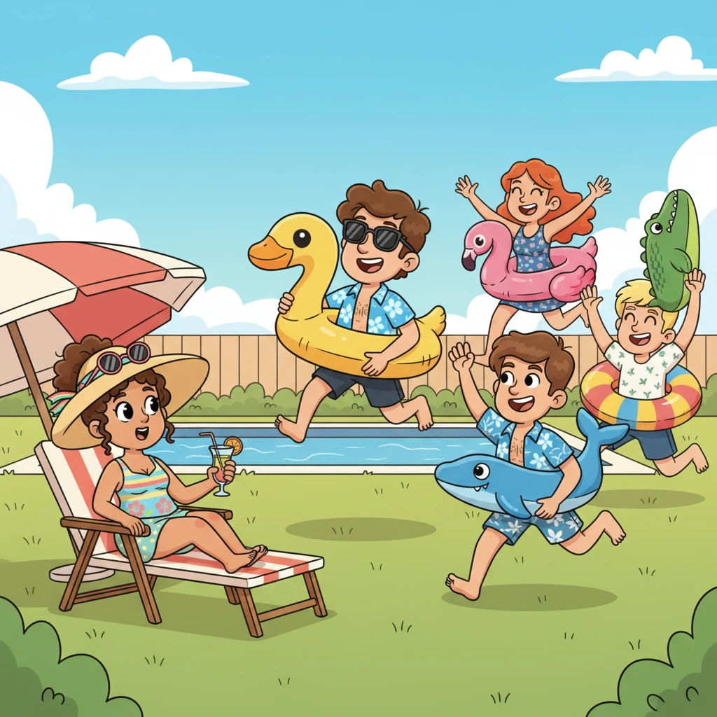 Just as Brenda settled onto her lounge chair, a cheerful commotion erupted. A group of energetic college students, bursting with youthful excitement, bounded into the neighboring yard. They carried a rainbow of inflatable pool toys, ready for an epic splash-fest.