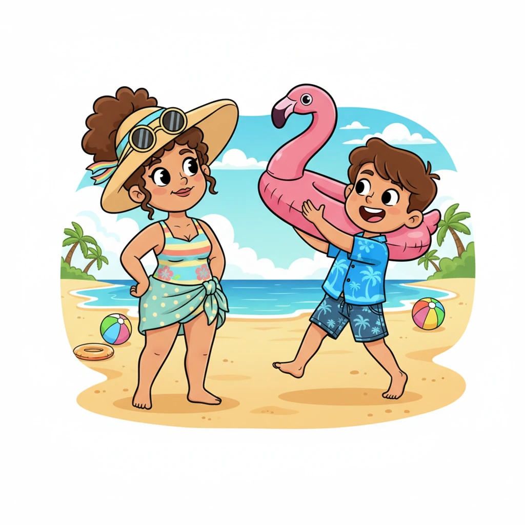 Another student, holding a giant flamingo float, bounced closer. "Come on! We've got extra floaties and plenty of sunshine for everyone!" Brenda gently shook her head, still smiling, a hint of playful mischief in her gaze.