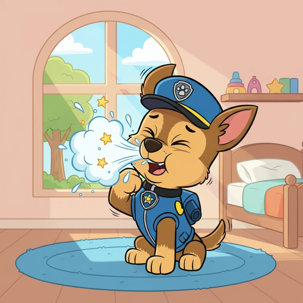 One sunny morning, Chase woke up with a funny tickle in his nose. He rubbed it with a paw, feeling a bit sniffly and warm. Suddenly, a big, exaggerated 'ACHOO!' burst out, making his ears wiggle.