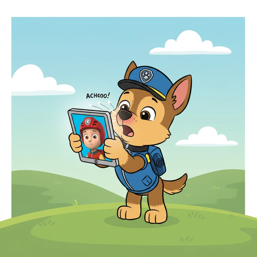 Just then, Ryder's Pup-Pad rang with an urgent call! Chase tried to answer crisply, but another sneeze made his voice wobbly. Ryder, seeing Chase's slightly red nose on the screen, asked if he was okay.
