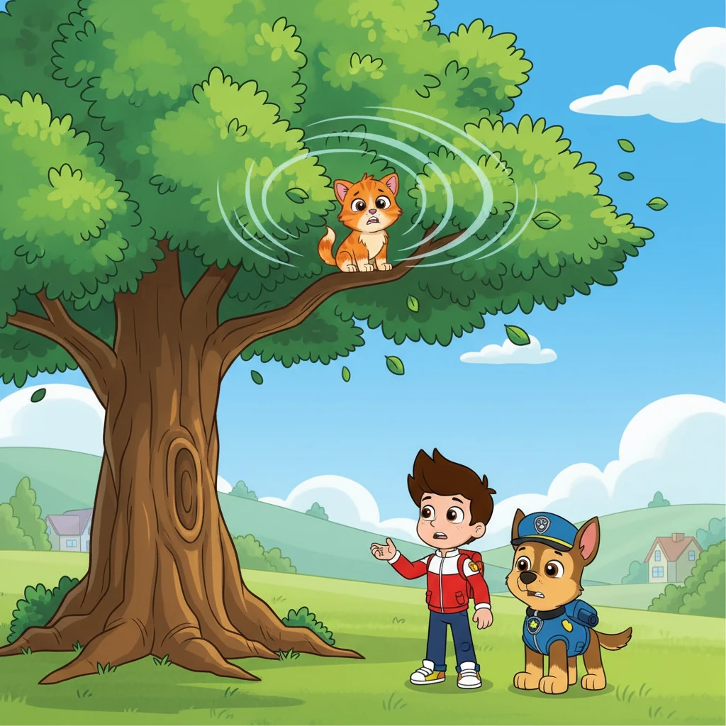 Ryder quickly explained the emergency: Cali the cat was stuck high up in the tallest oak tree in Adventure Bay Park. A strong gust of wind had startled her, and now she was too scared to come down. She looked very tiny and frightened against the big green leaves.