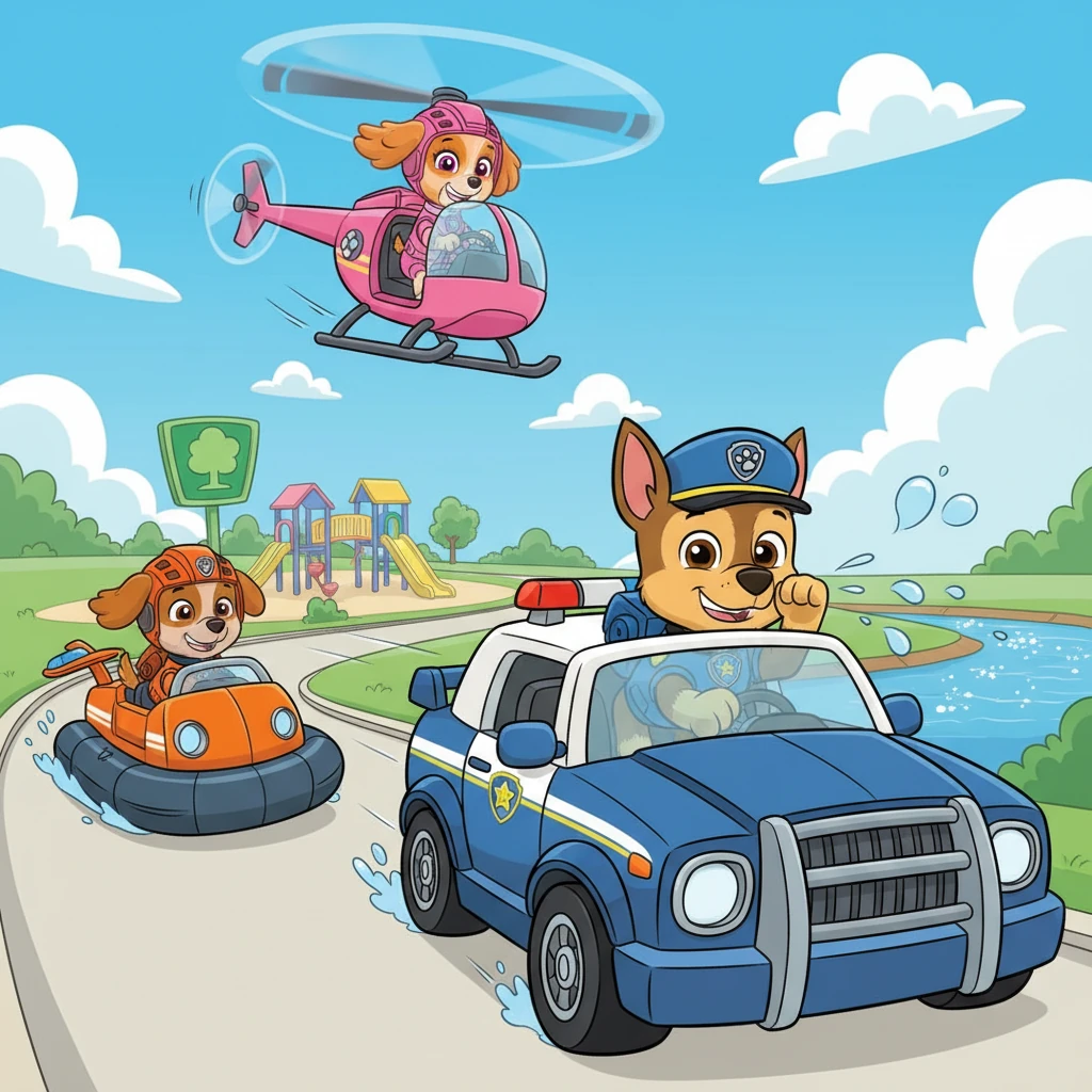 Chase zoomed off in his police cruiser, sirens softly wailing. He occasionally let out a small 'achoo' into his paw, but his eyes were fixed on the road ahead. Skye soared overhead in her helicopter, and Zuma sped in his hovercraft, all heading to the park.