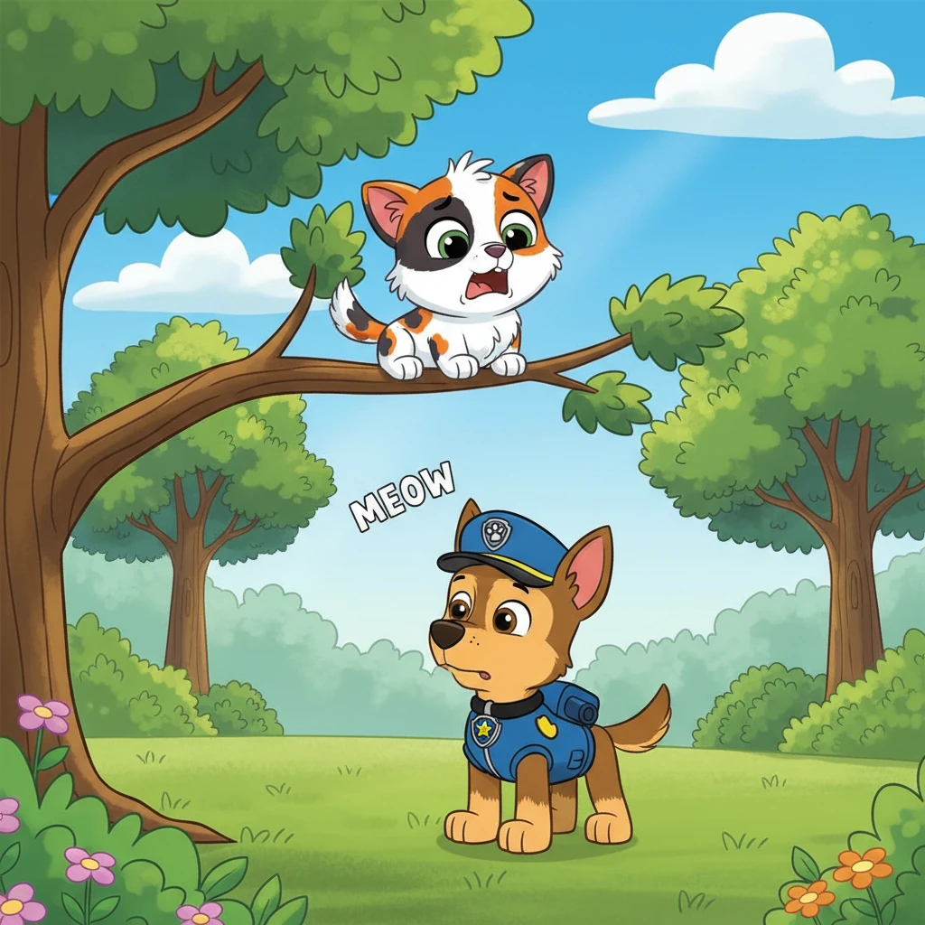 They arrived at the park to see Cali perched precariously on a thin branch, meowing loudly. She looked down at them with wide, worried eyes. Chase surveyed the situation, his nose twitching as he thought of a plan.