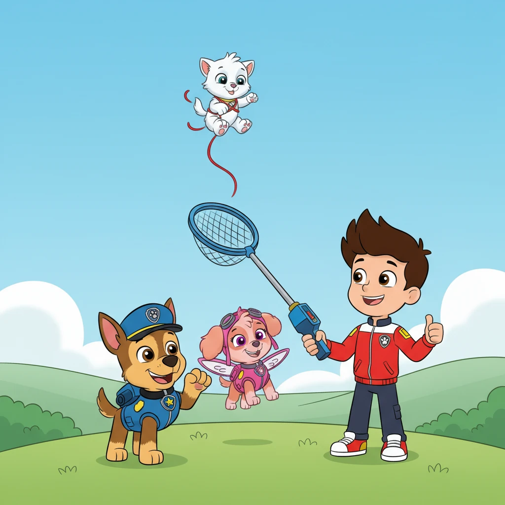 With a slightly stuffy but confident voice, Chase barked out his strategy. "Skye, you'll hover near Cali to gently guide her down! I'll use my net to safely catch her when she gets close enough to the ground." Ryder gave a thumbs-up.