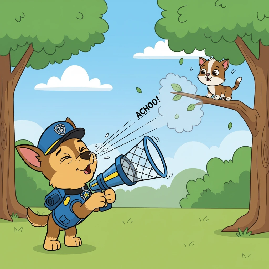 As Chase aimed his net launcher, a sudden, powerful sneeze erupted! Instead of throwing off his aim, the unexpected burst of air created a small gust that playfully nudged Cali's branch. This made her shift slightly, putting her in a perfect position for the rescue!