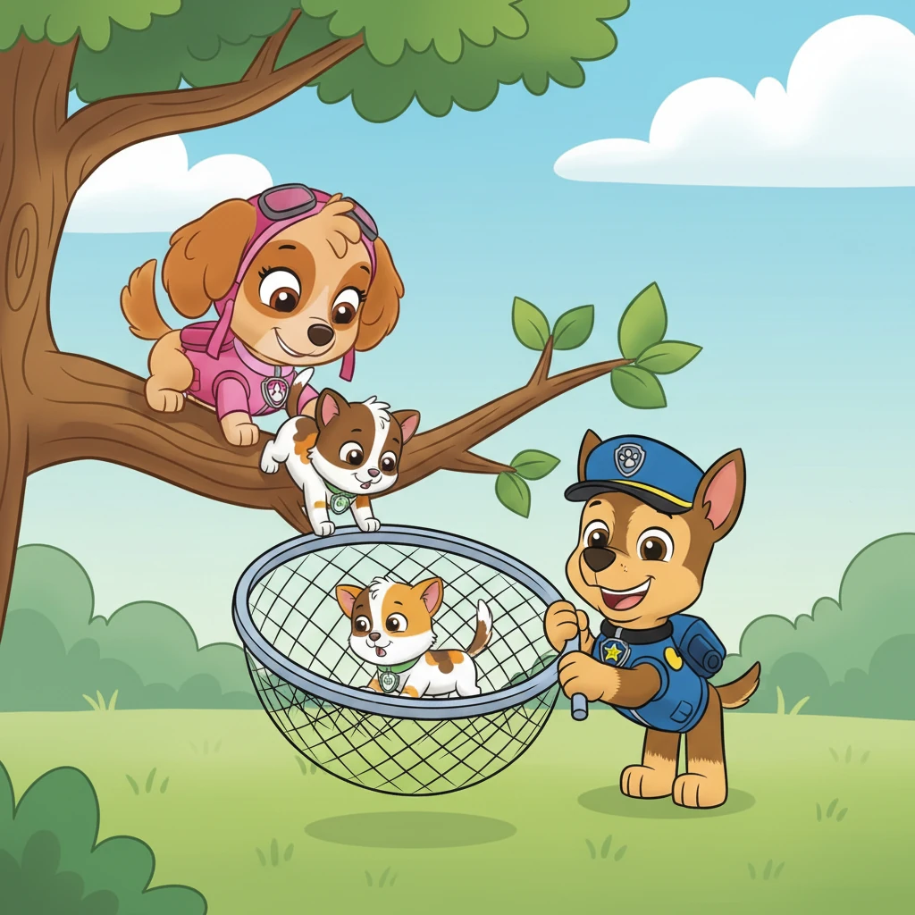 Skye carefully coaxed Cali down the tree, her gentle voice reassuring the frightened cat. With perfect timing, Chase deployed his net, catching Cali safely and softly as she tumbled into it. He let out a triumphant, but still a little sniffly, bark of success!