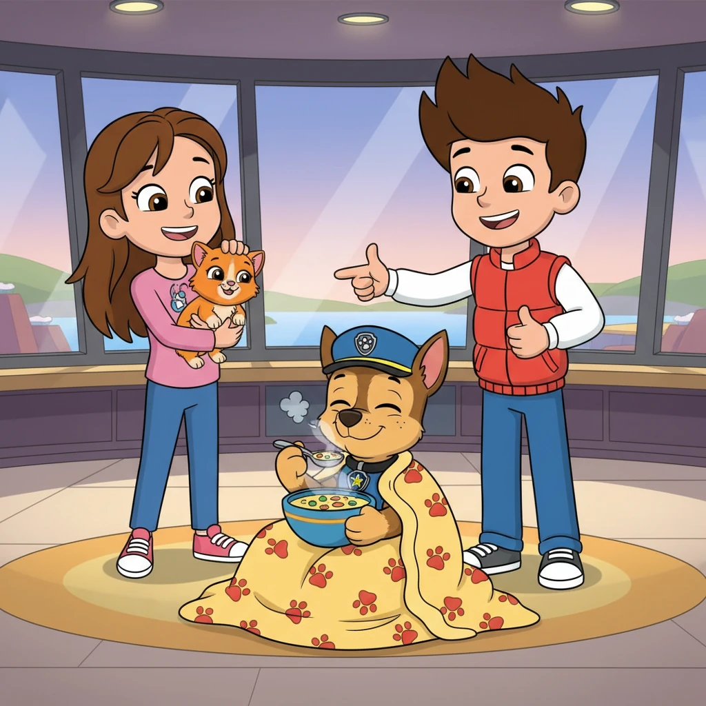 Back at the Lookout, Cali was safely reunited with Katie. Ryder praised Chase for his bravery and quick thinking. He gave Chase a warm blanket and a big bowl of delicious chicken noodle soup, which the sniffly pup happily snuggled into, glad to have helped.