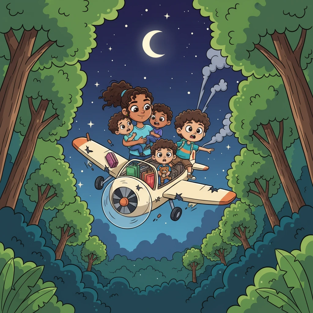 En una noche estrellada, la valiente mamá y sus cuatro hijos, incluyendo al pequeño Leo, huyen en un avión. De repente, el motor falla y el avión se estrella en la densa y misteriosa selva del Amazonas. Las copas de los árboles se abren como un paraguas gigante mientras caen hacia lo desconocido, con miradas de asombro y un poco de miedo en sus rostros.