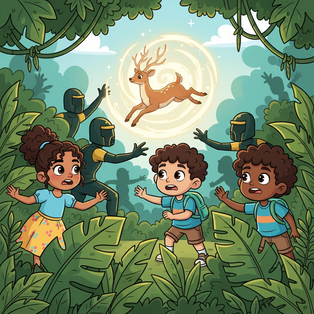 Los cuatro hermanos, ilesos pero asustados, buscan a su mamá entre la vegetación exuberante. Sin embargo, no la encuentran, pues un grupo de figuras sombrías, los Mercenarios, vestidos de verde y amarillo, la han secuestrado. Con un brillo mágico, la transforman en un elegante ciervo, que huye despavorido entre los árboles.