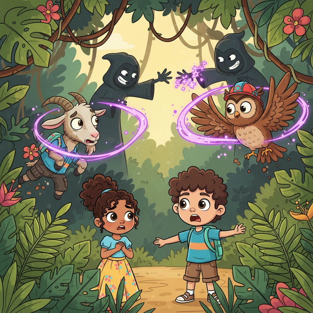 Al día siguiente, un equipo de rescate llega a la selva, pero los Mercenarios los encuentran antes de que puedan hallar a los niños. Con un chasquido de dedos y destellos de magia, los malvados ocultistas transforman a los rescatistas en una cabra confundida y un búho asustado. Ahora, los niños están solos en la inmensidad de la selva.