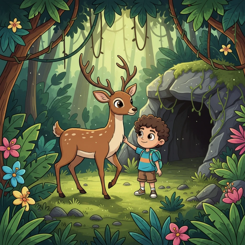 Mientras tanto, la mamá, ahora un hermoso ciervo, vaga por la selva buscando a sus hijos. Sus ojos grandes y tiernos brillan con determinación. Finalmente, encuentra a Leo, el hijo mayor, y con un suave empujón de su hocico, lo guía a una cueva oculta, un refugio seguro que descubrió tras el accidente.