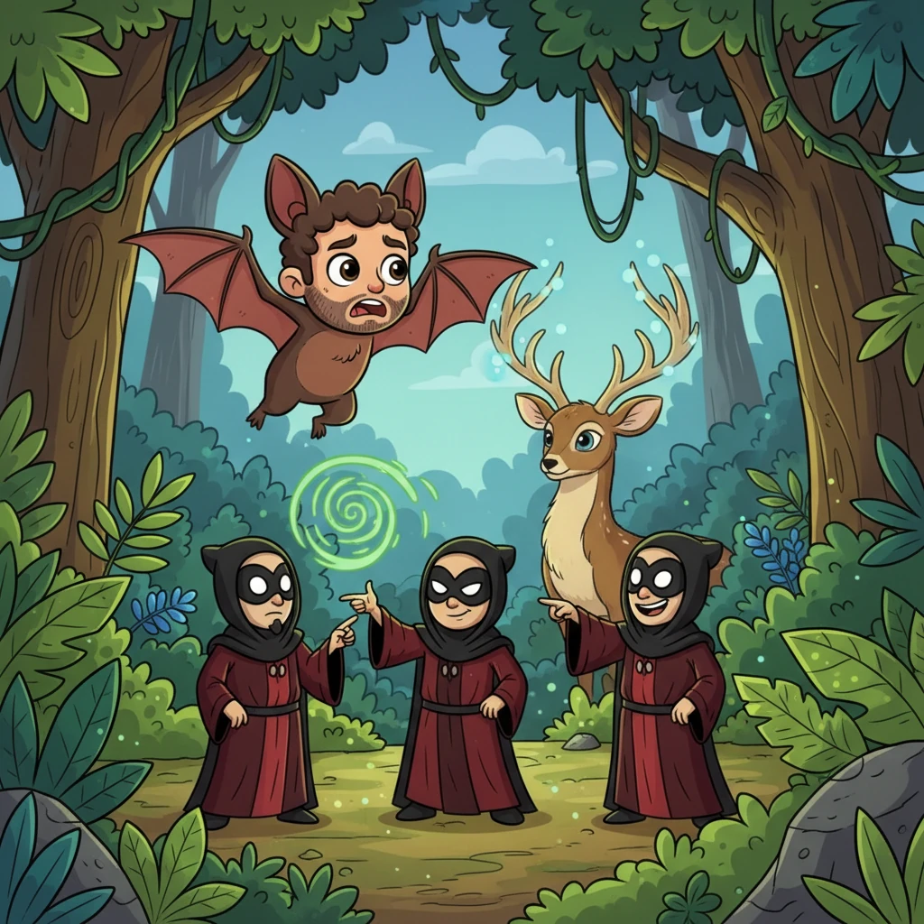 Lejos de allí, el papá se entera del accidente y, lleno de preocupación, viaja al Amazonas para encontrar a su familia. Al llegar, se topa con un grupo rival de ocultistas, los Legionarios, vestidos de rojo y negro. Con un hechizo inesperado, lo transforman en un murciélago, y le revelan que la mamá se ha convertido en ciervo, impulsándolo a buscarla desesperadamente.