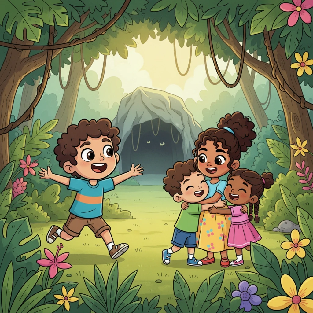 Leo corre a través de la selva, gritando los nombres de sus hermanos hasta que los encuentra a todos. Los cuatro hermanos, con el corazón lleno de coraje, se unen en un abrazo y deciden ir juntos a rescatar a su mamá de la cueva, donde el papá murciélago la tiene prisionera.