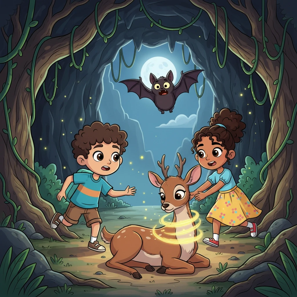 Al llegar a la cueva, los hermanos ven con horror cómo el papá murciélago ataca a la mamá ciervo. Al ver a sus hijos, el papá murciélago huye despavorido. Los niños corren hacia su mamá herida, la protegen y, con el poder de su amor y la magia de la selva, logran sanar sus heridas, ayudándola a recuperarse.
