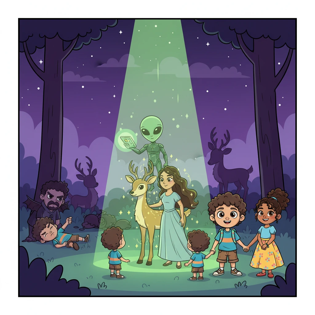 En una noche silenciosa, la mamá ciervo y los Legionarios lanzan su ataque sorpresa, derrotando a los Mercenarios y al papá murciélago. De repente, una luz verde intensa desciende del cielo, revelando a amigables extraterrestres. Con su tecnología avanzada, rompen el hechizo de la mamá, la devuelven a su forma humana, castigan a los Mercenarios y, finalmente, regresan a la mamá y a sus cuatro hijos sanos y salvos a su hogar.