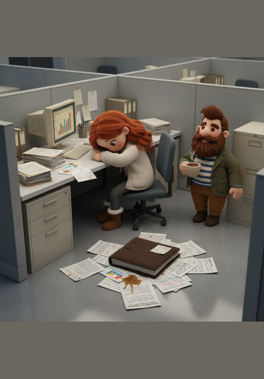 Elena sits at her sterile office desk surrounded by towering stacks of paperwork and glowing computer screens. With a sigh of exhaustion, she types a raw, honest message about quitting her job and buying a van, intended for her best friend, but hits send to a completely unknown number.