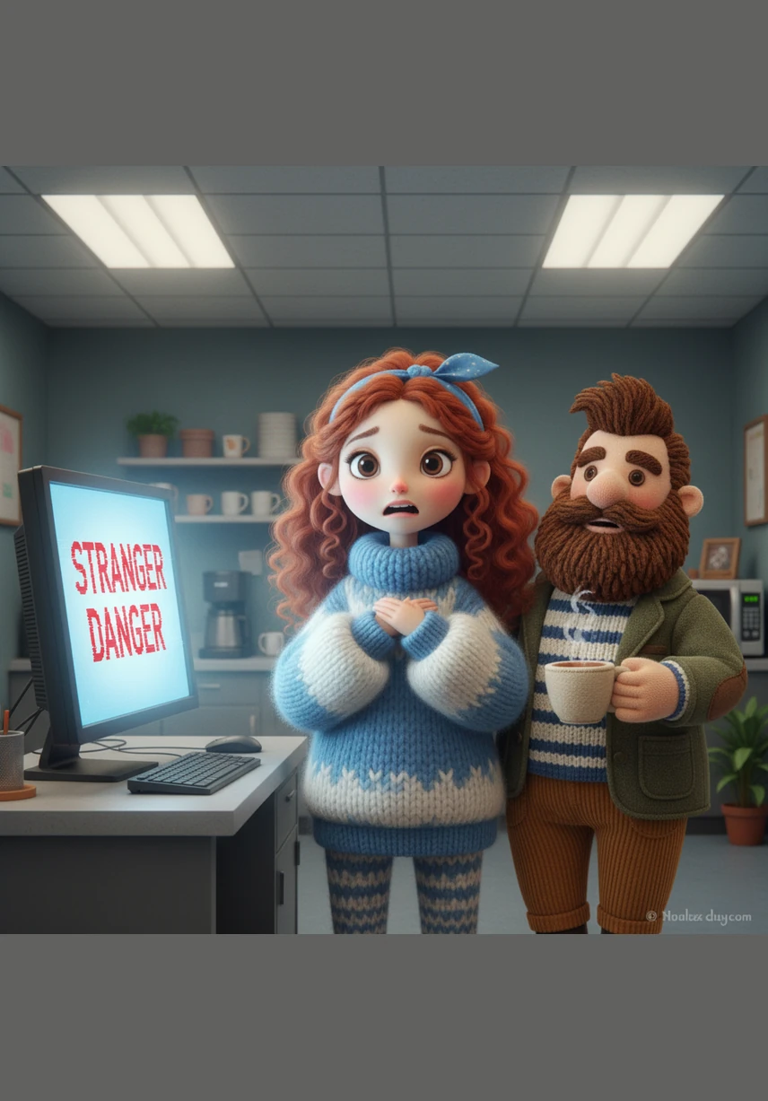 Elena stands in the office breakroom, her heart racing as she stares at the reply from 'Stranger Danger' on her screen. The bold words flicker in the fluorescent light, planting a seed of rebellion in her meticulously planned, autopilot life.